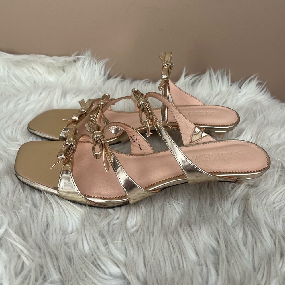 {J. Crew} Zadie Metallic Leather Bow-Strap Kitten Heel Sandals in Gold - Size 8